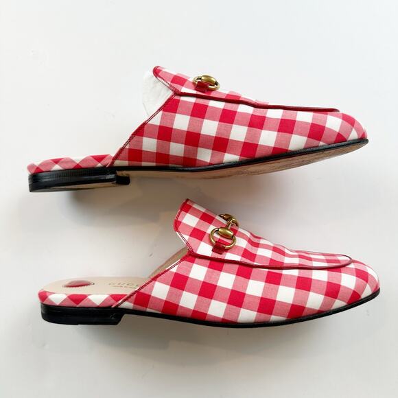 Gucci Princetown Mule Red White Plaid Gold Horsebit Vichy Checkered Size 37 US 7 - Picture 6 of 14